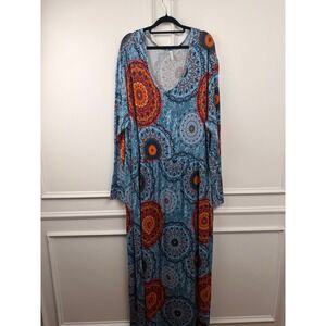LONGYUAN Blue Orange Mandala Print Long Sleeve V-Neck Maxi Dress 6XL Plus Size
